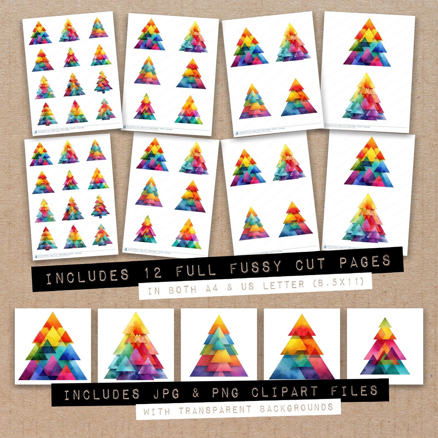 DDD010068_FC Geometric Rainbow Christmas Tree Fussy Cut Sheets