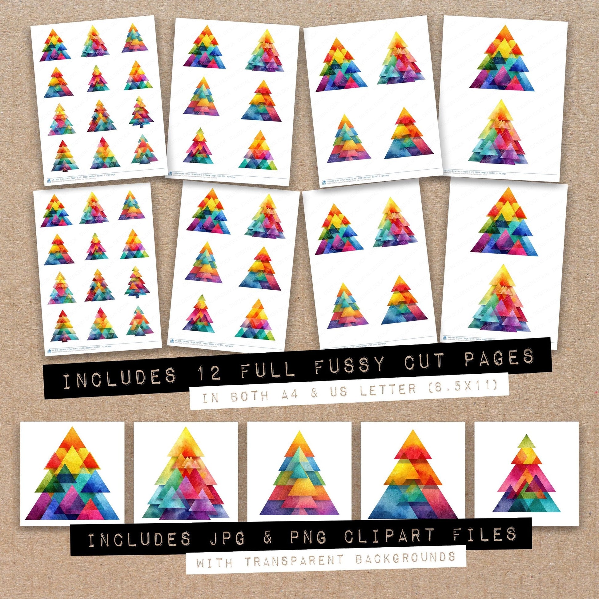 DDD010068_FC Geometric Rainbow Christmas Tree Fussy Cut Sheets