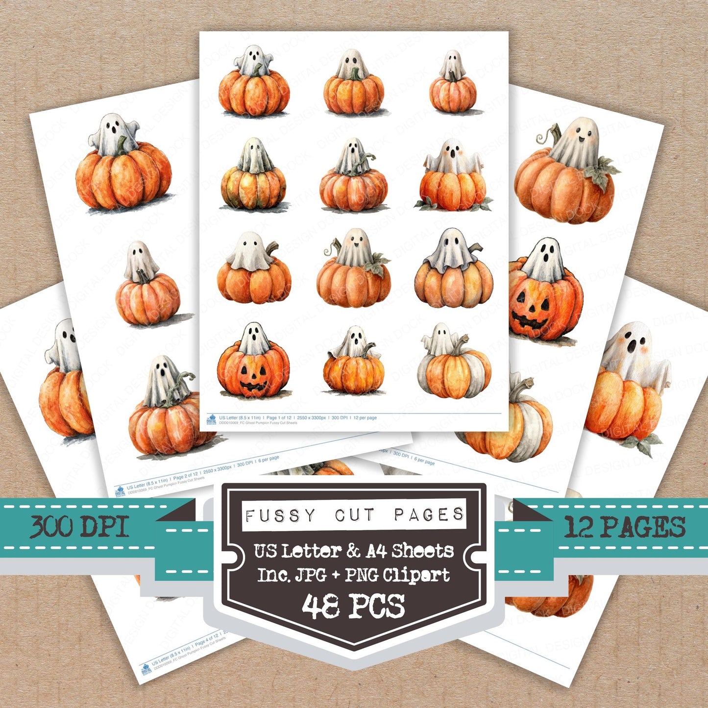 Ghost Pumpkin fussy cut printable sheets for junk journaling, scrapbooking, and paper craft projects