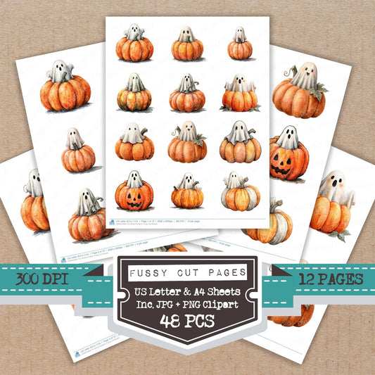 Ghost Pumpkin fussy cut printable sheets for junk journaling, scrapbooking, and paper craft projects
