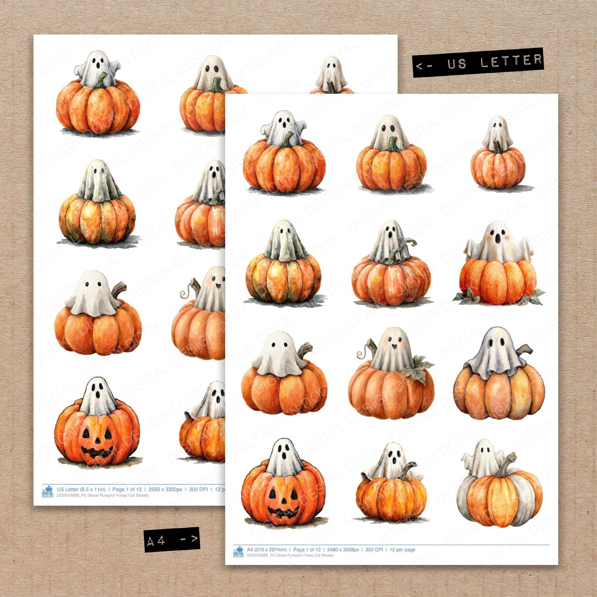 A4 and US Letter format comparison showing Ghost Pumpkin fussy cut pages for print and cut crafting
