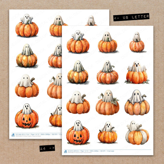 A4 and US Letter format comparison showing Ghost Pumpkin fussy cut pages for print and cut crafting
