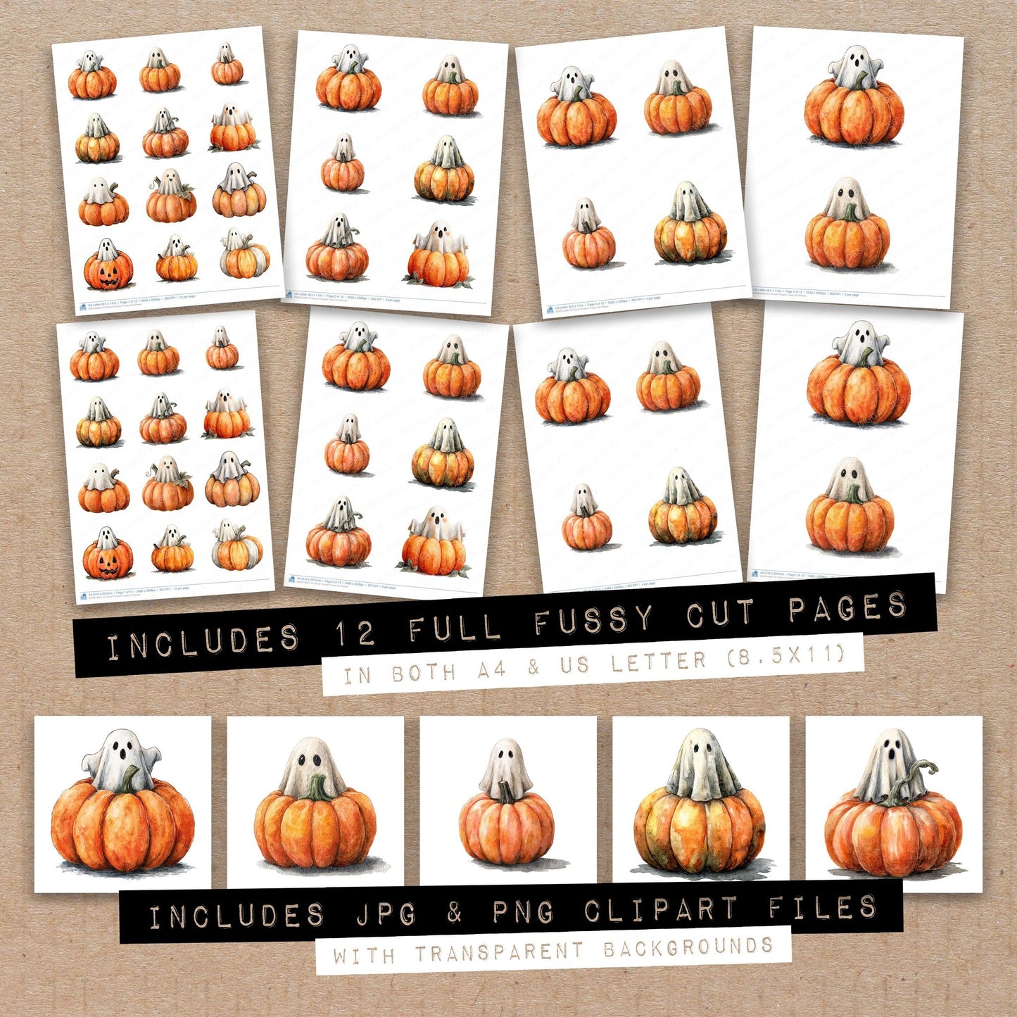 Full collection view of Ghost Pumpkin fussy cut sheets with bonus clipart JPG and PNG files