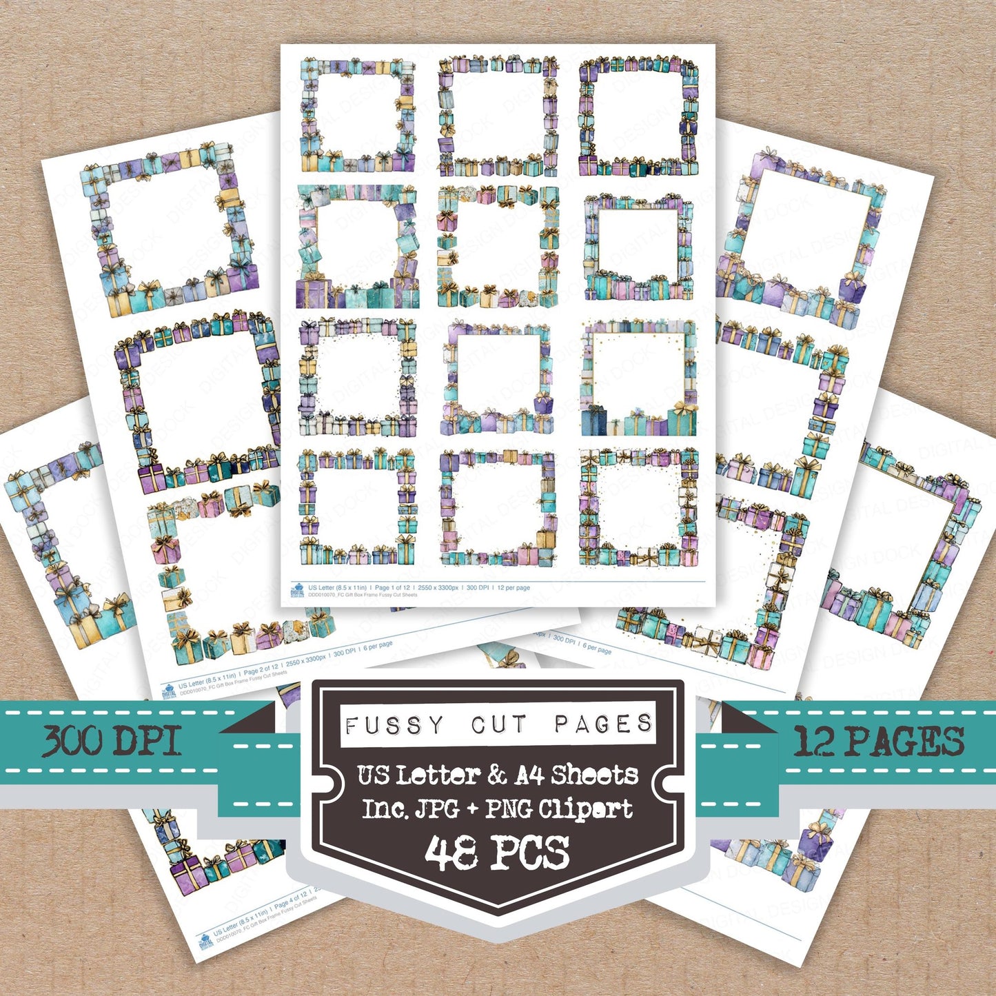 Gift Box Frame fussy cut printable sheets for junk journaling, scrapbooking, and paper craft projects