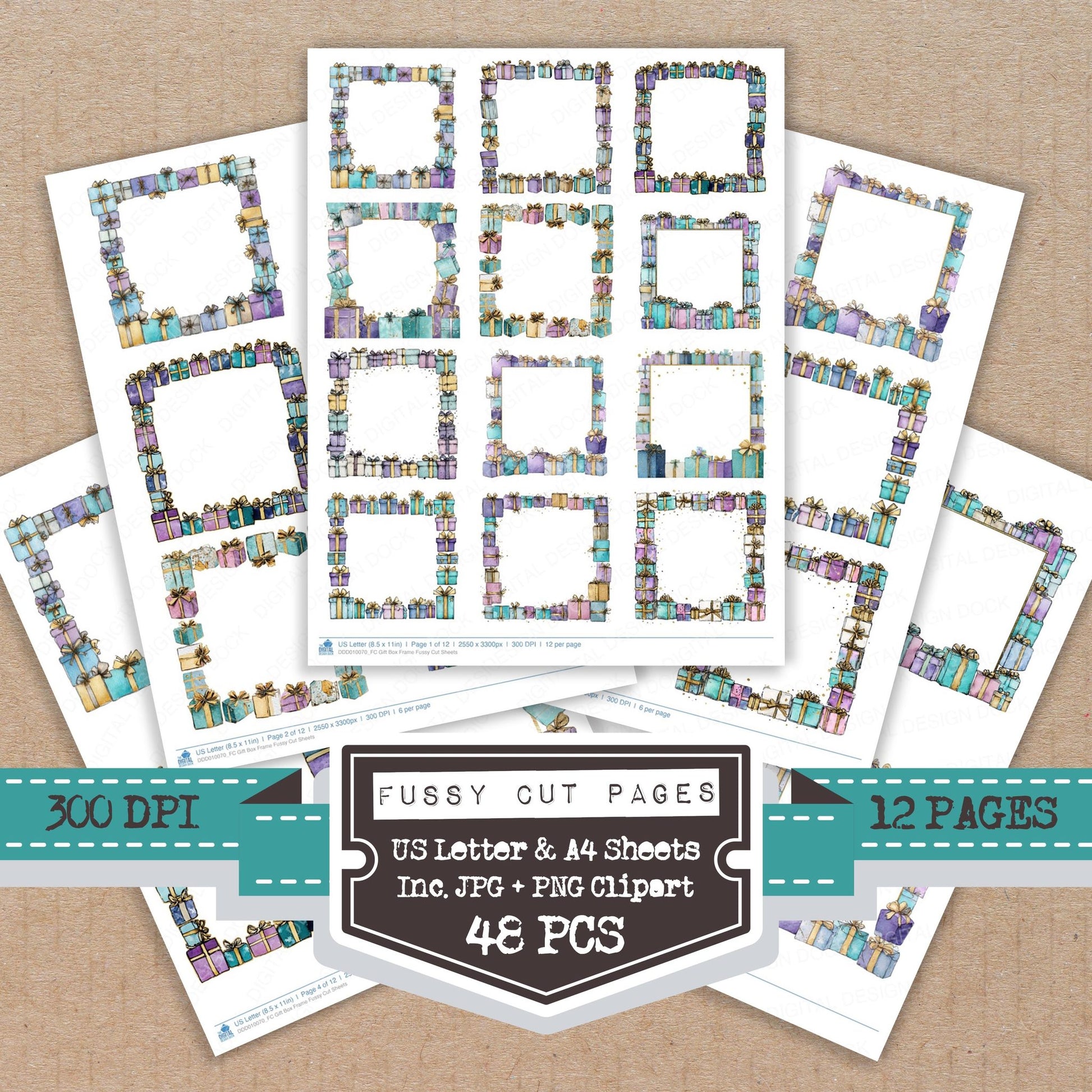 Gift Box Frame fussy cut printable sheets for junk journaling, scrapbooking, and paper craft projects