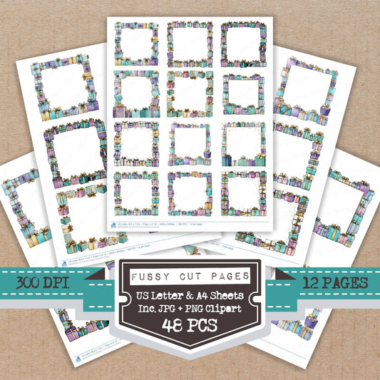 Gift Box Frame fussy cut printable sheets for junk journaling, scrapbooking, and paper craft projects