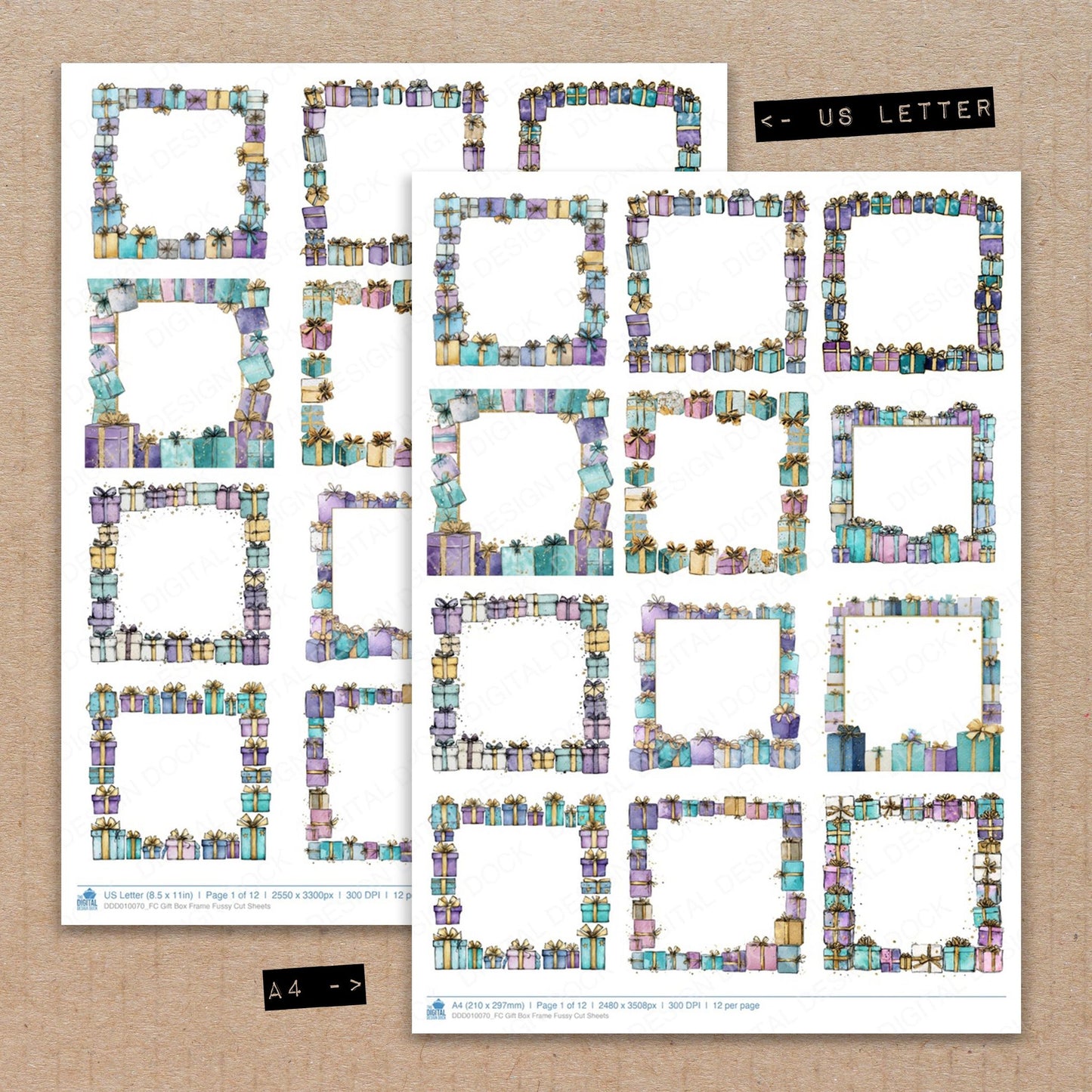 A4 and US Letter format comparison showing Gift Box Frame fussy cut pages for print and cut crafting