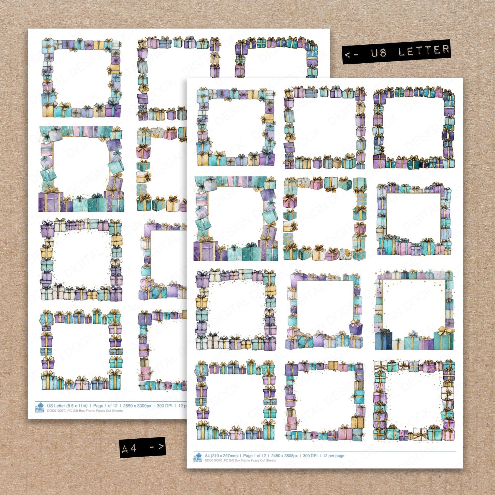 A4 and US Letter format comparison showing Gift Box Frame fussy cut pages for print and cut crafting