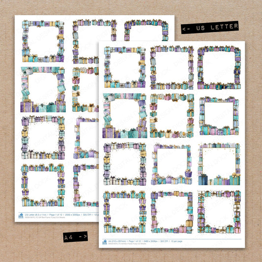 A4 and US Letter format comparison showing Gift Box Frame fussy cut pages for print and cut crafting