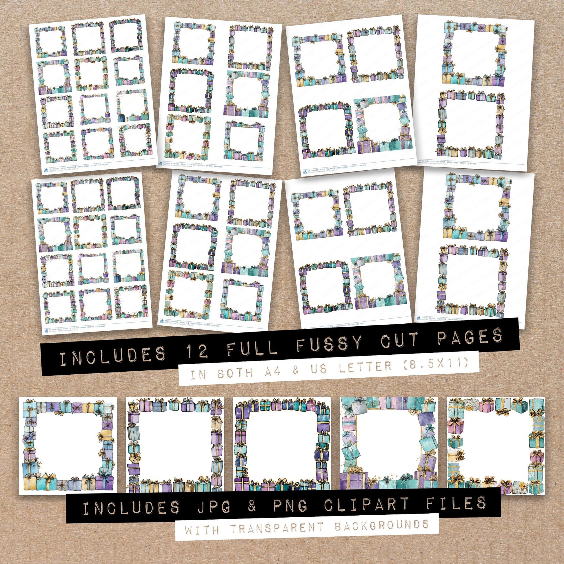 Full collection view of Gift Box Frame fussy cut sheets with bonus clipart JPG and PNG files
