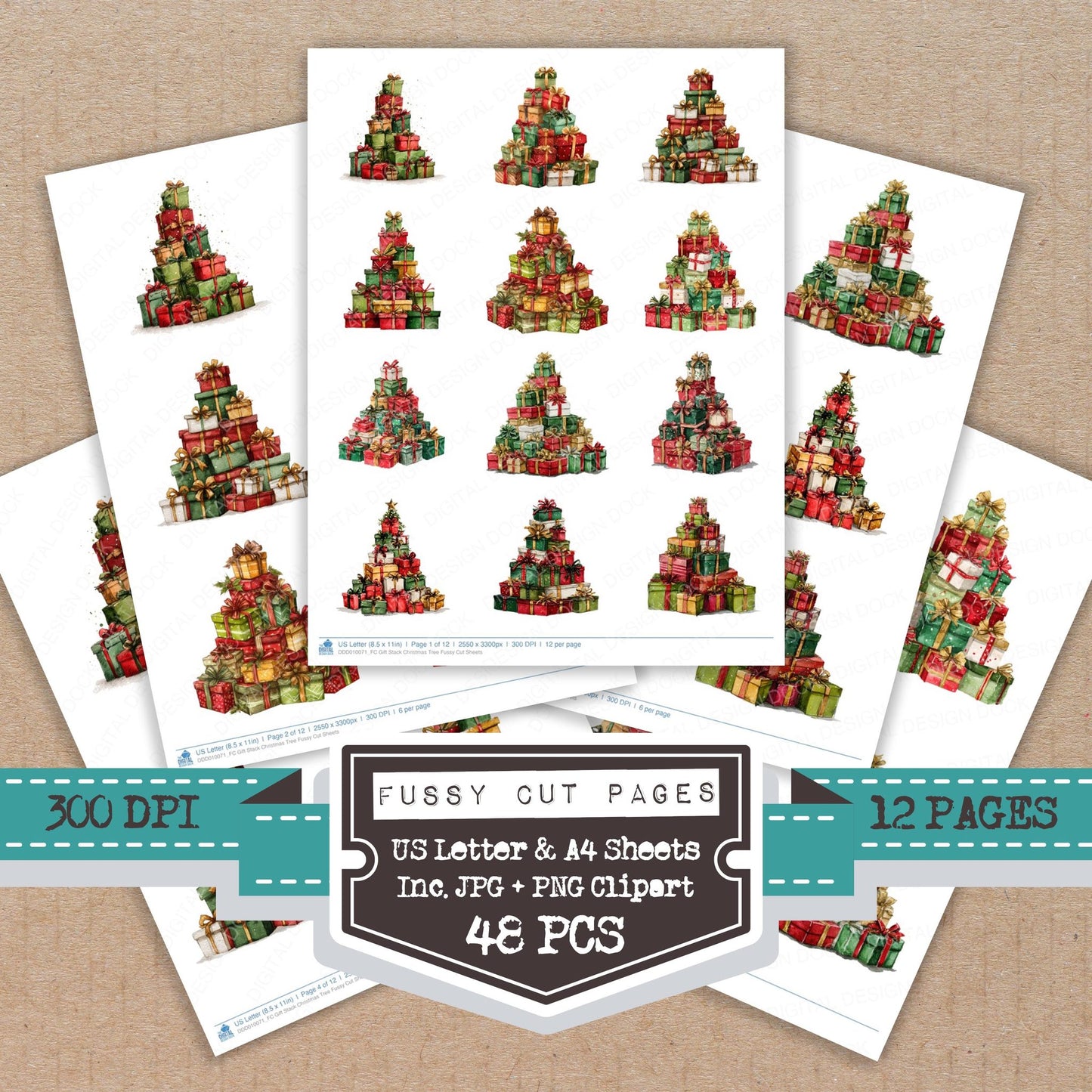 Gift Stack Christmas Tree fussy cut printable sheets for junk journaling, scrapbooking, and paper craft projects