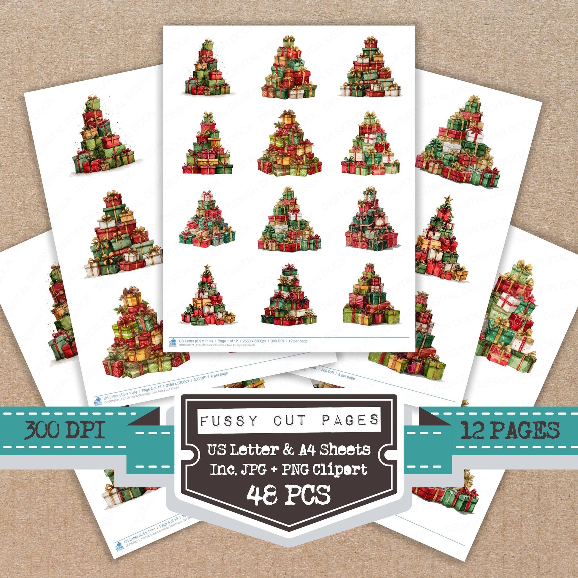 Gift Stack Christmas Tree fussy cut printable sheets for junk journaling, scrapbooking, and paper craft projects