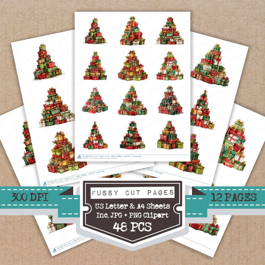 Gift Stack Christmas Tree fussy cut printable sheets for junk journaling, scrapbooking, and paper craft projects