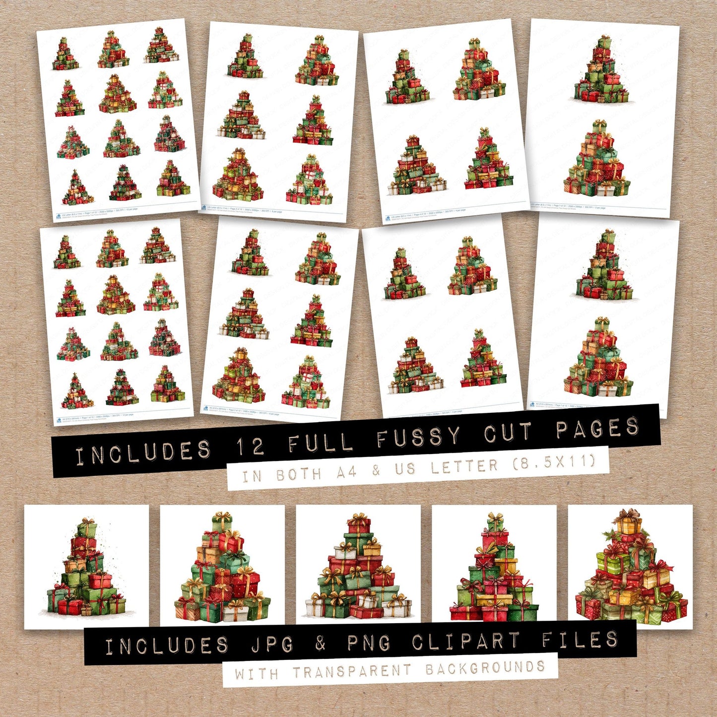 Full collection view of Gift Stack Christmas Tree fussy cut sheets with bonus clipart JPG and PNG files
