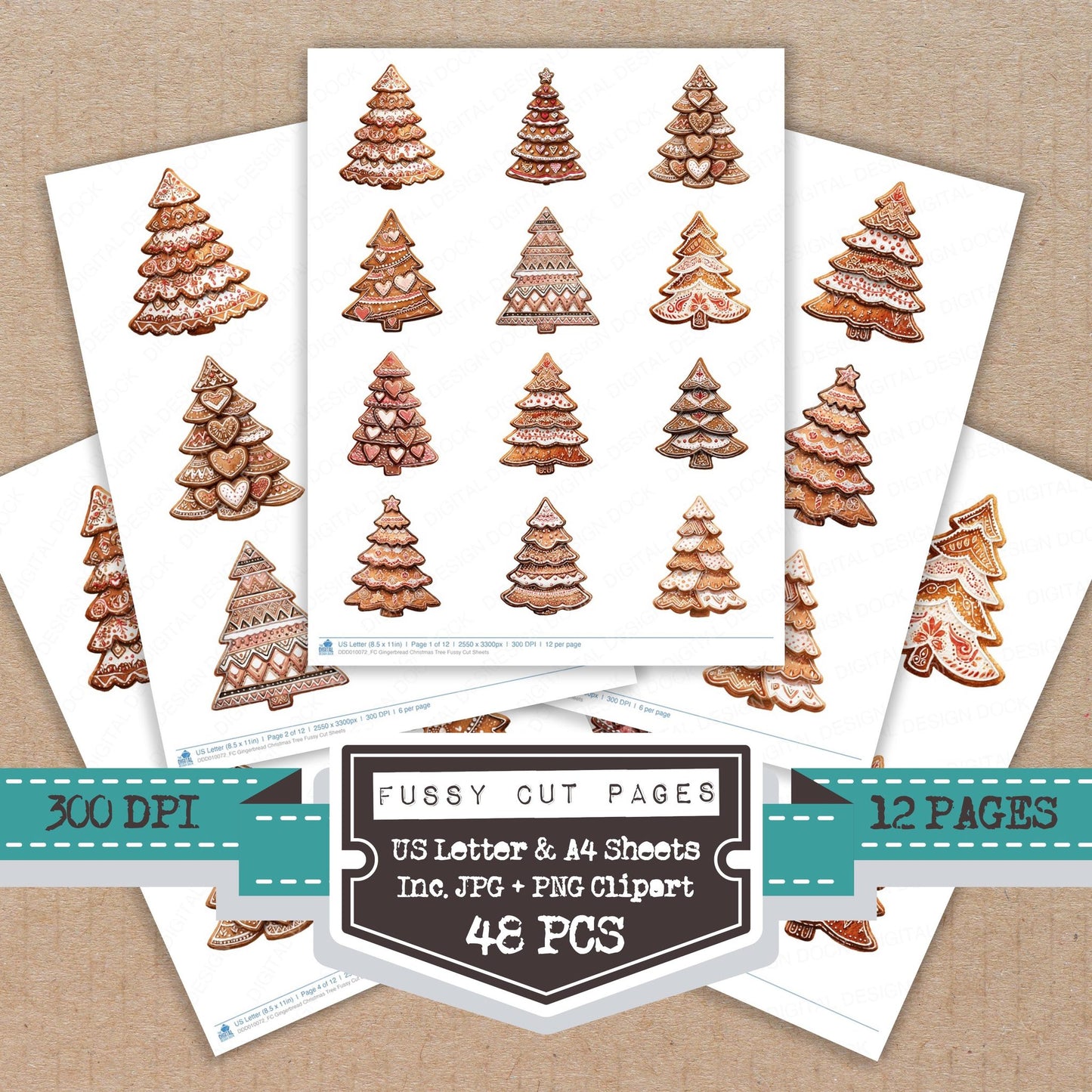 Gingerbread Christmas Tree fussy cut printable sheets for junk journaling, scrapbooking, and paper craft projects