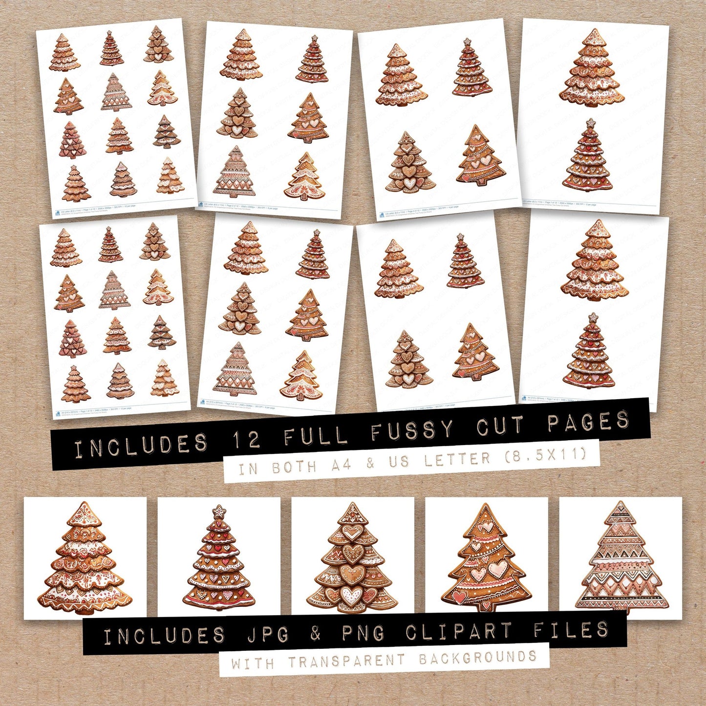 Full collection view of Gingerbread Christmas Tree fussy cut sheets with bonus clipart JPG and PNG files