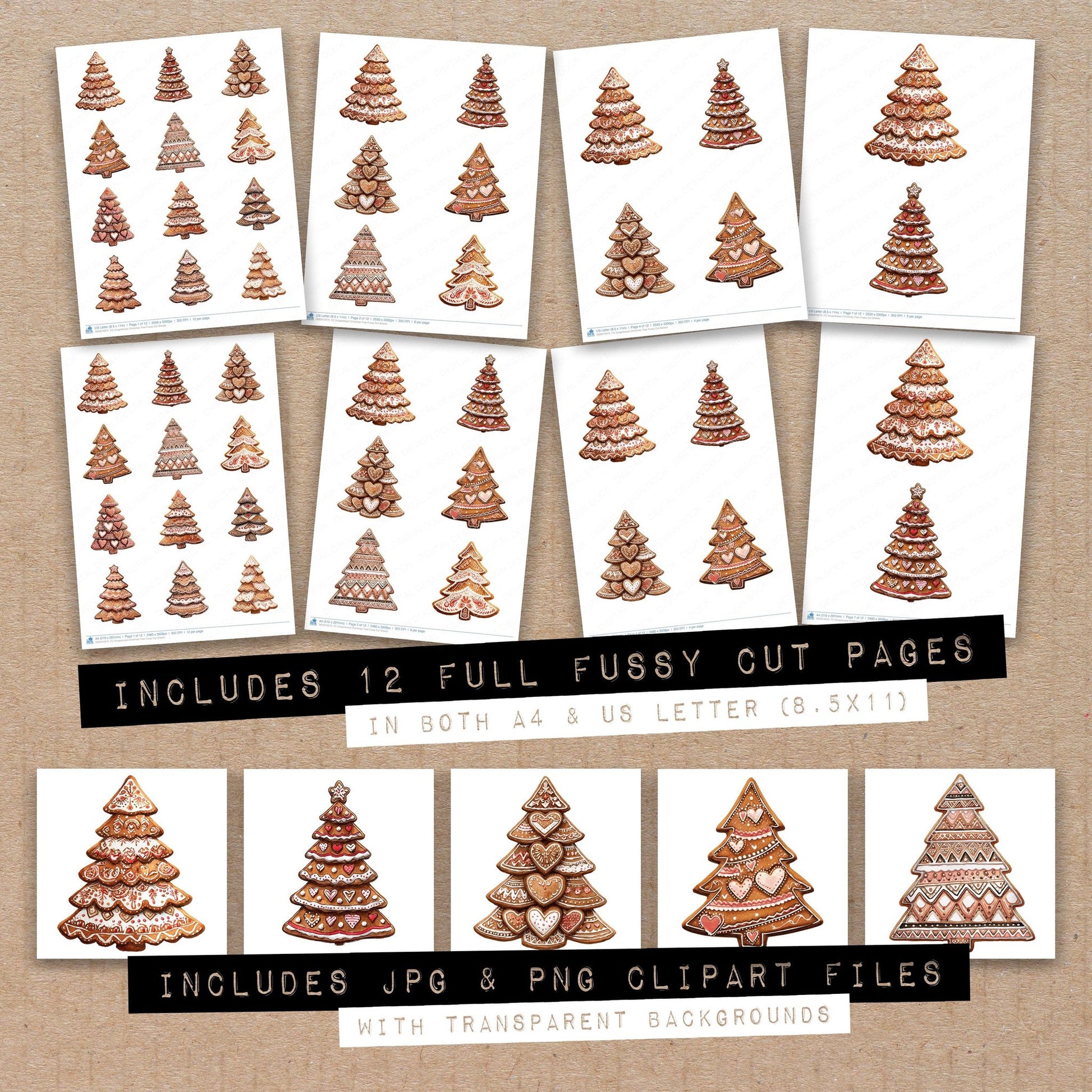Full collection view of Gingerbread Christmas Tree fussy cut sheets with bonus clipart JPG and PNG files