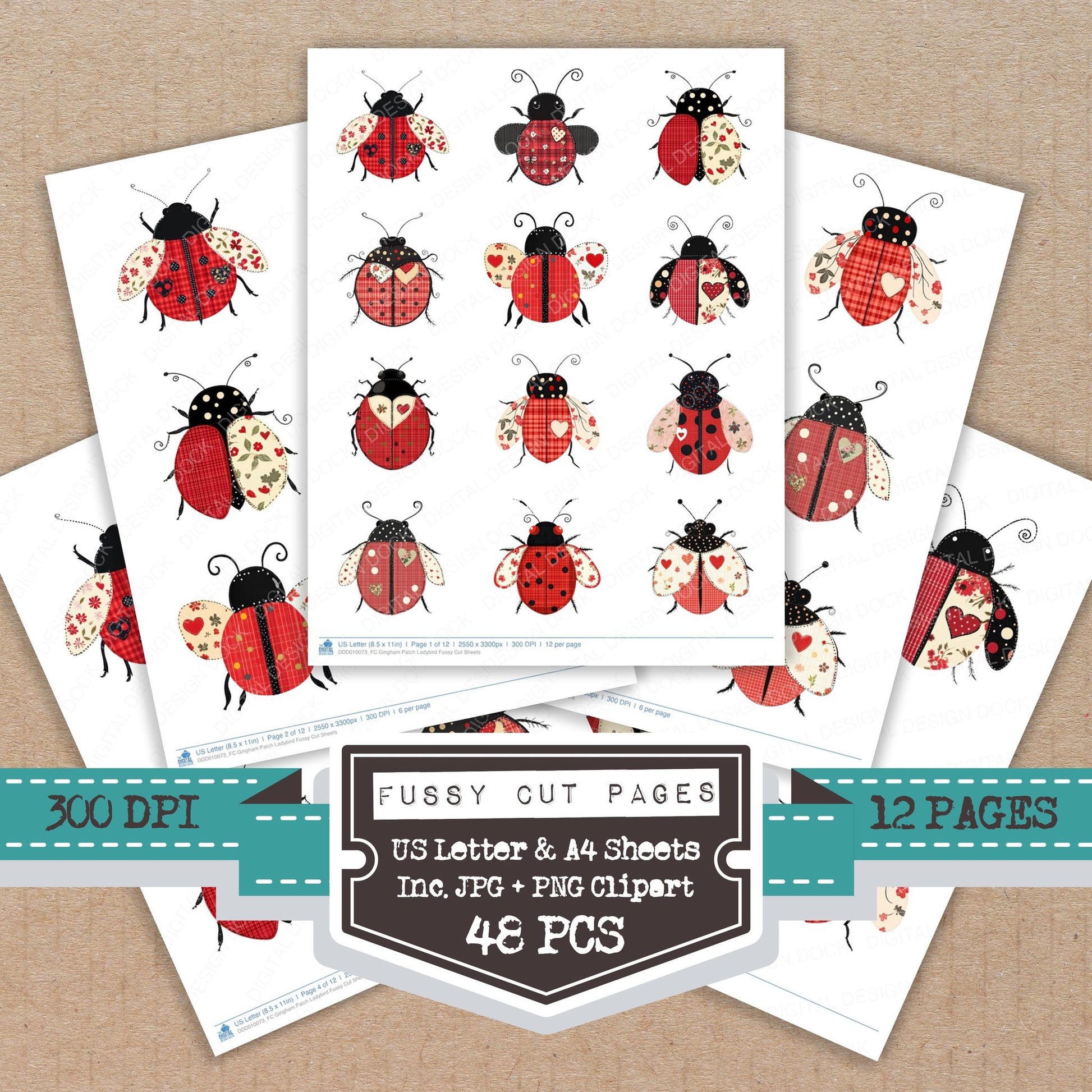 Gingham Patch Ladybird fussy cut printable sheets for junk journaling, scrapbooking, and paper craft projects