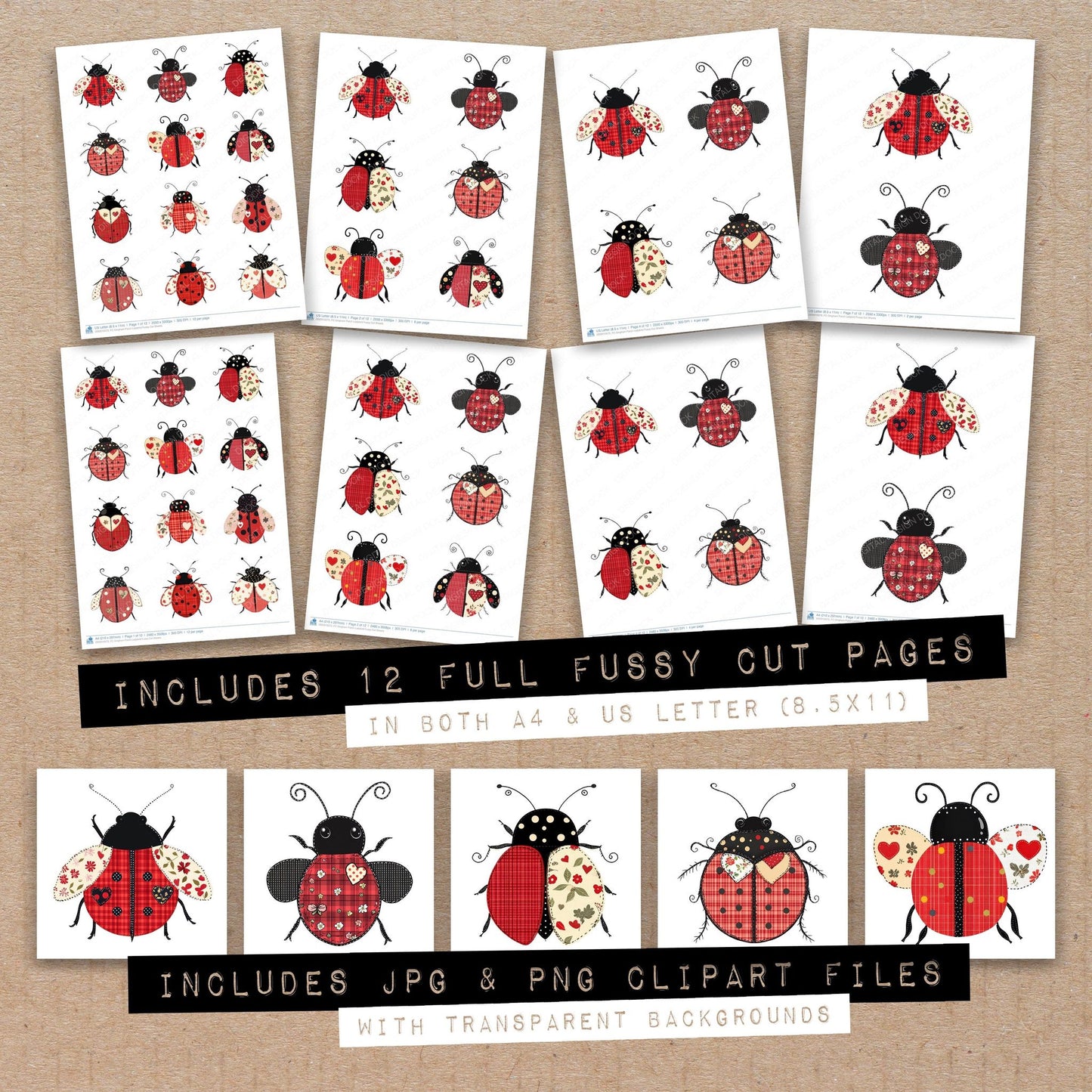 Full collection view of Gingham Patch Ladybird fussy cut sheets with bonus clipart JPG and PNG files