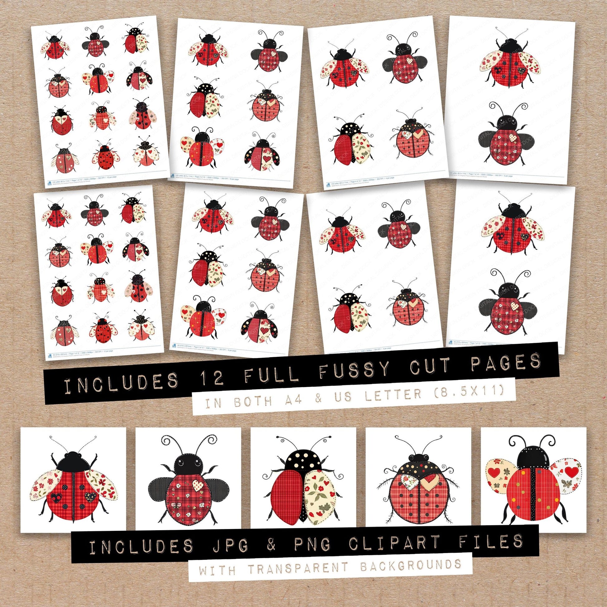 Full collection view of Gingham Patch Ladybird fussy cut sheets with bonus clipart JPG and PNG files