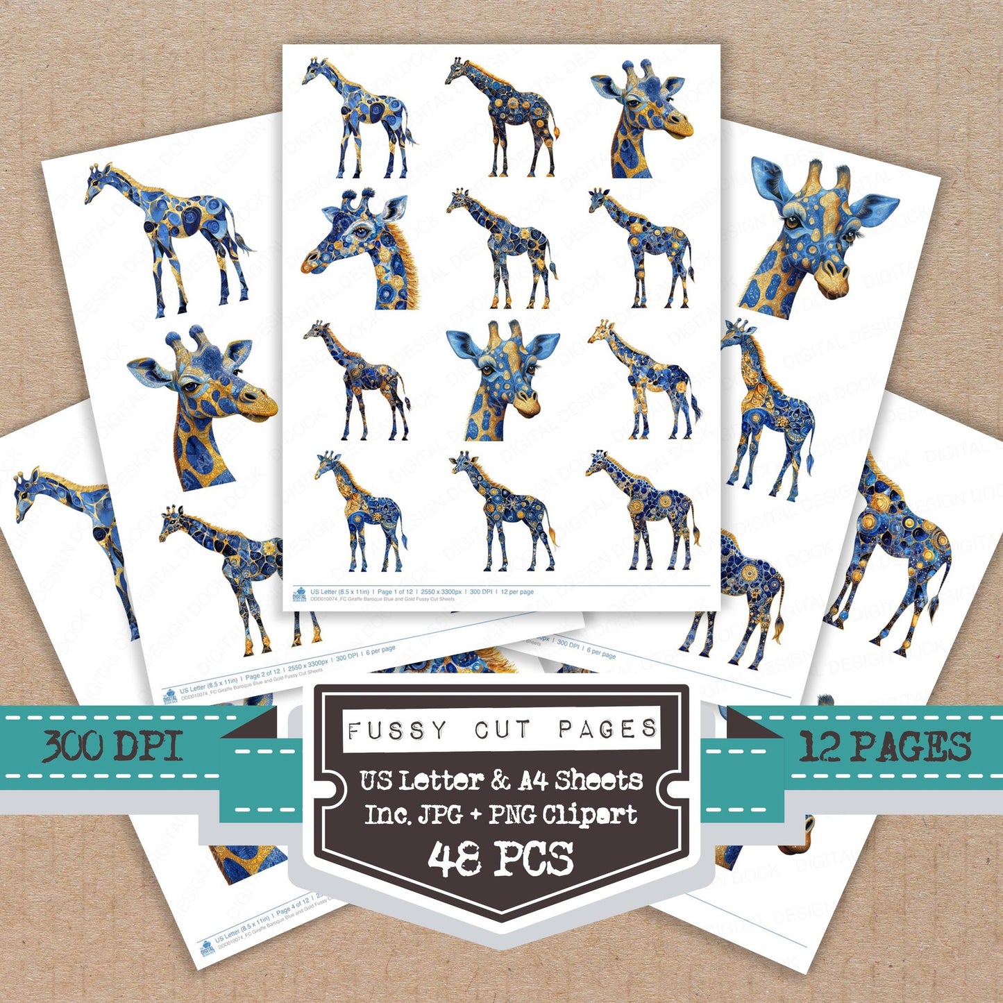 Giraffe Baroque Blue and Gold fussy cut printable sheets for junk journaling, scrapbooking, and paper craft projects