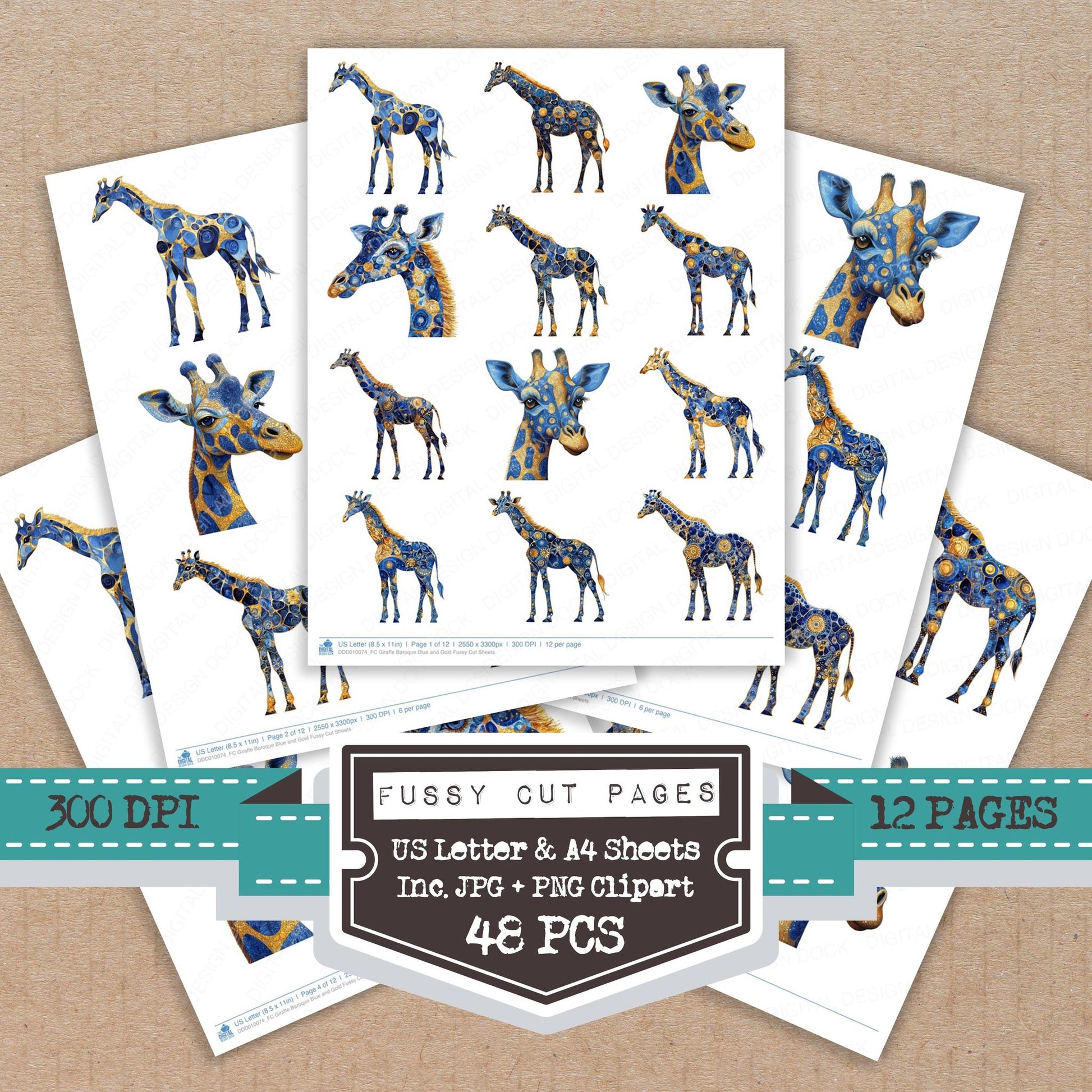 Giraffe Baroque Blue and Gold fussy cut printable sheets for junk journaling, scrapbooking, and paper craft projects