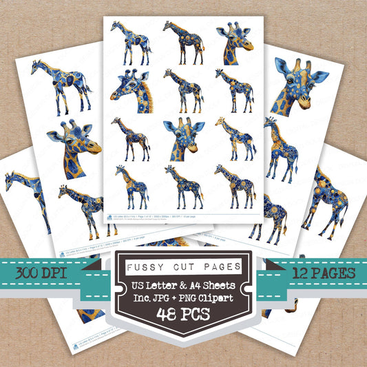 Giraffe Baroque Blue and Gold fussy cut printable sheets for junk journaling, scrapbooking, and paper craft projects
