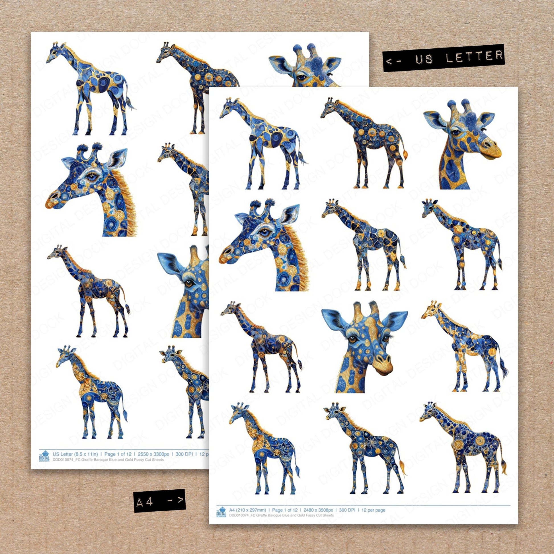 A4 and US Letter format comparison showing Giraffe Baroque Blue and Gold fussy cut pages for print and cut crafting