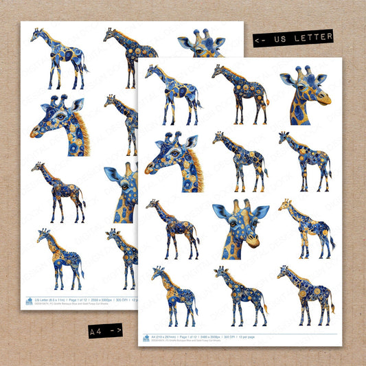 A4 and US Letter format comparison showing Giraffe Baroque Blue and Gold fussy cut pages for print and cut crafting