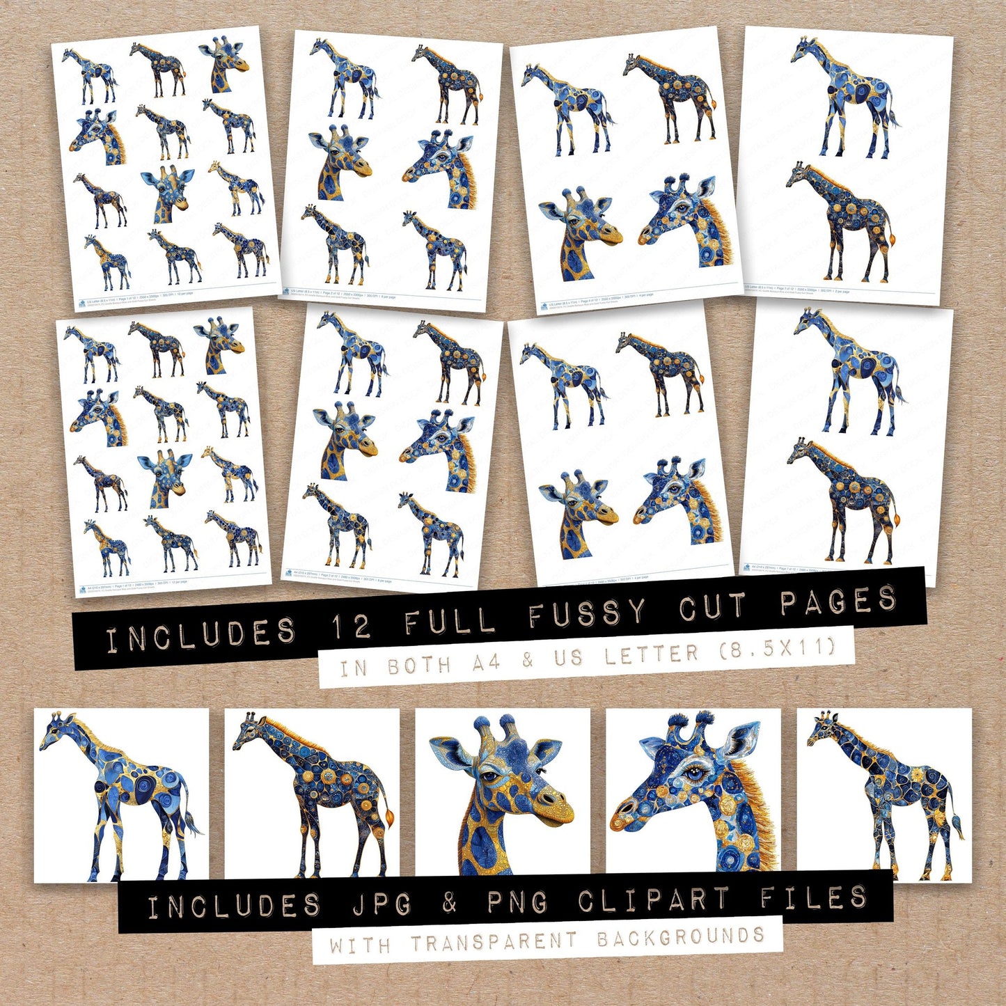 Full collection view of Giraffe Baroque Blue and Gold fussy cut sheets with bonus clipart JPG and PNG files