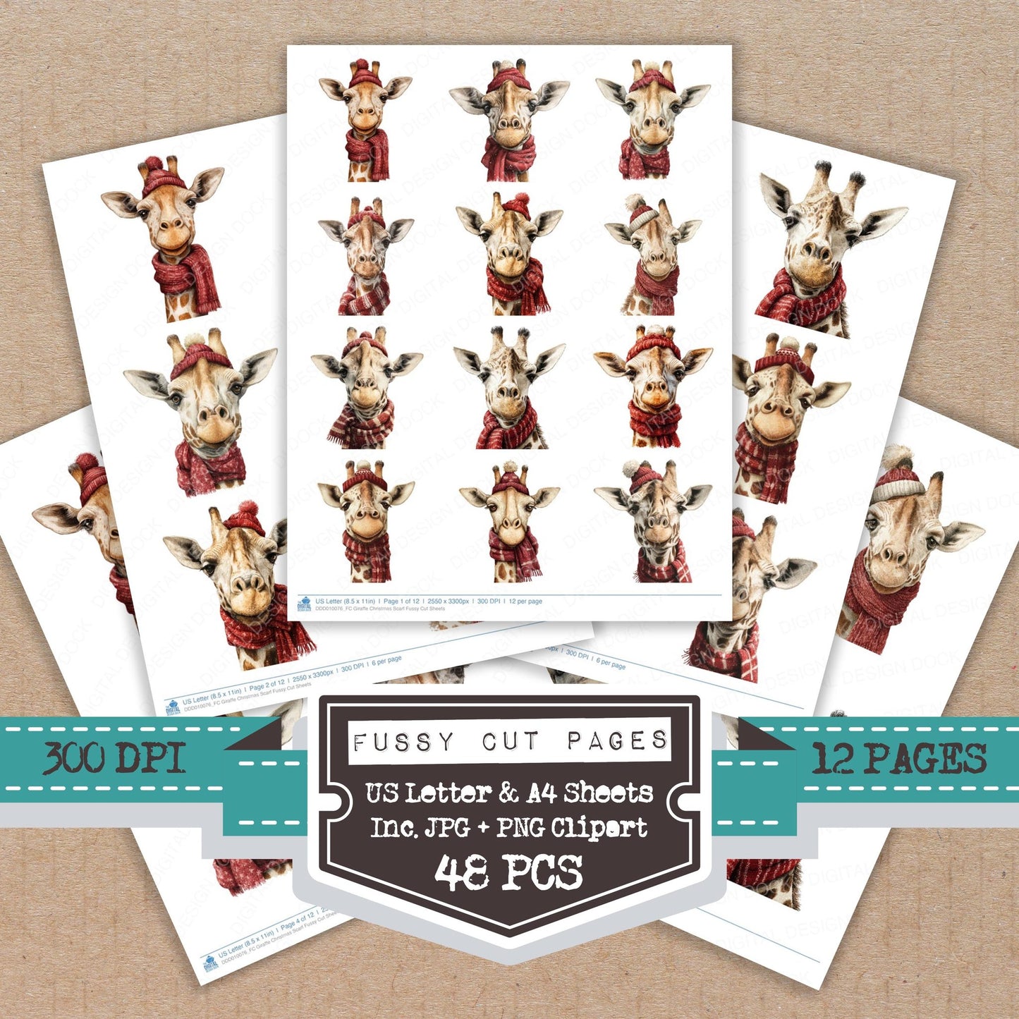 Giraffe Christmas Scarf fussy cut printable sheets for junk journaling, scrapbooking, and paper craft projects