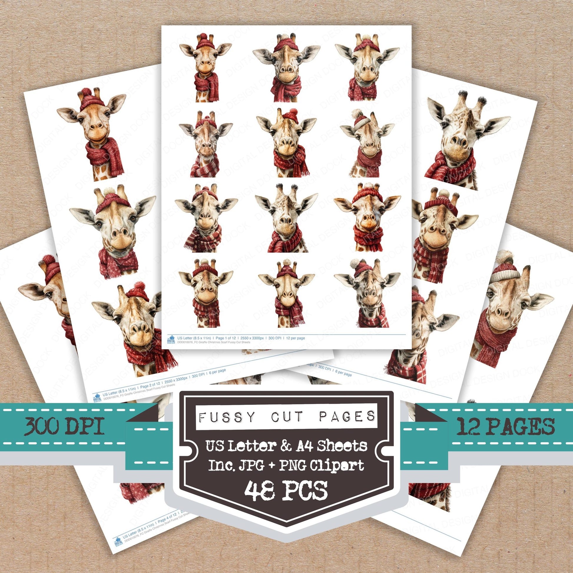 Giraffe Christmas Scarf fussy cut printable sheets for junk journaling, scrapbooking, and paper craft projects
