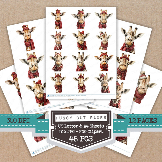 Giraffe Christmas Scarf fussy cut printable sheets for junk journaling, scrapbooking, and paper craft projects