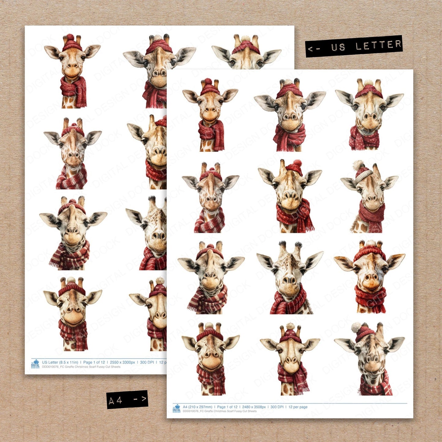 A4 and US Letter format comparison showing Giraffe Christmas Scarf fussy cut pages for print and cut crafting