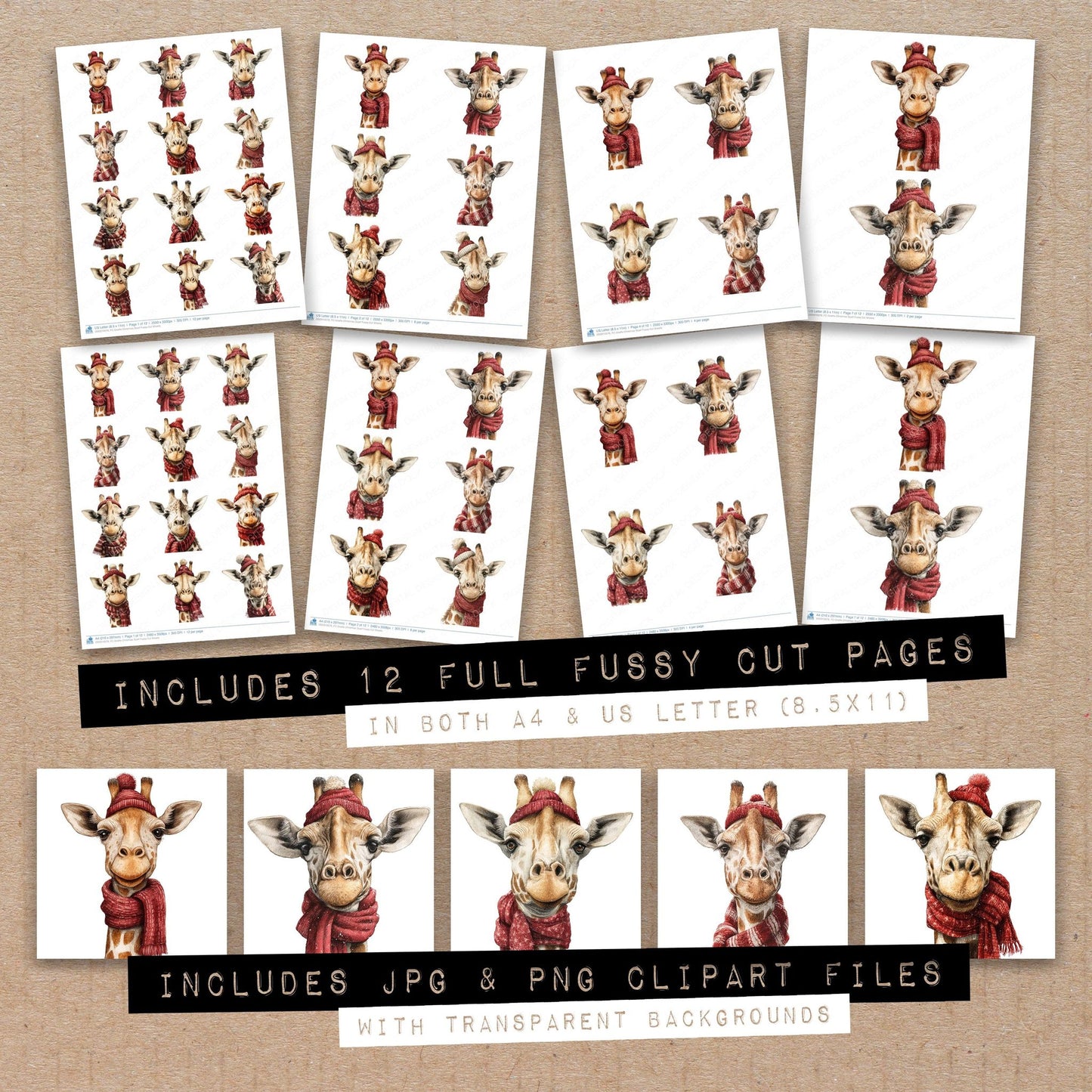 Full collection view of Giraffe Christmas Scarf fussy cut sheets with bonus clipart JPG and PNG files