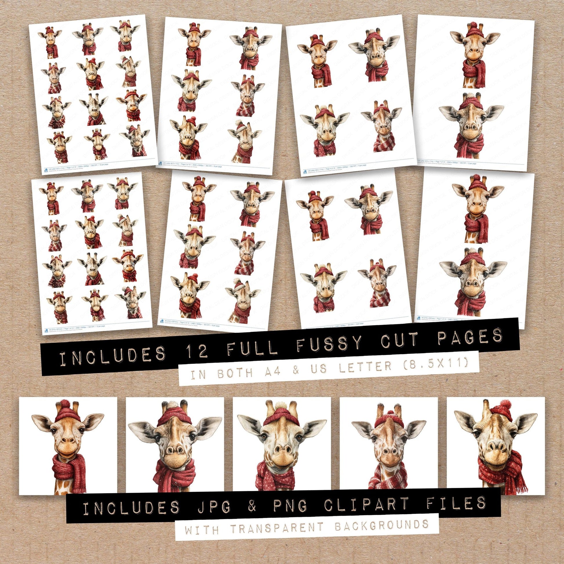 Full collection view of Giraffe Christmas Scarf fussy cut sheets with bonus clipart JPG and PNG files