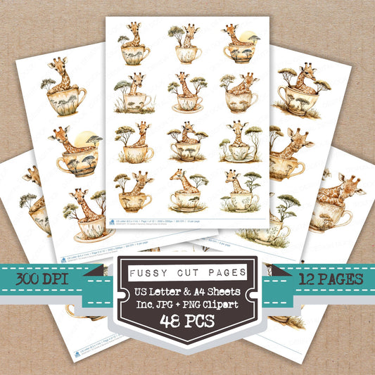 Giraffe in Savanna Teacup fussy cut printable sheets for junk journaling, scrapbooking, and paper craft projects
