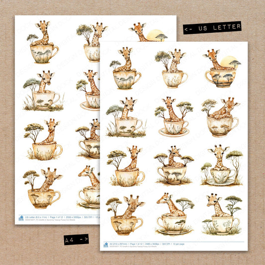 A4 and US Letter format comparison showing Giraffe in Savanna Teacup fussy cut pages for print and cut crafting