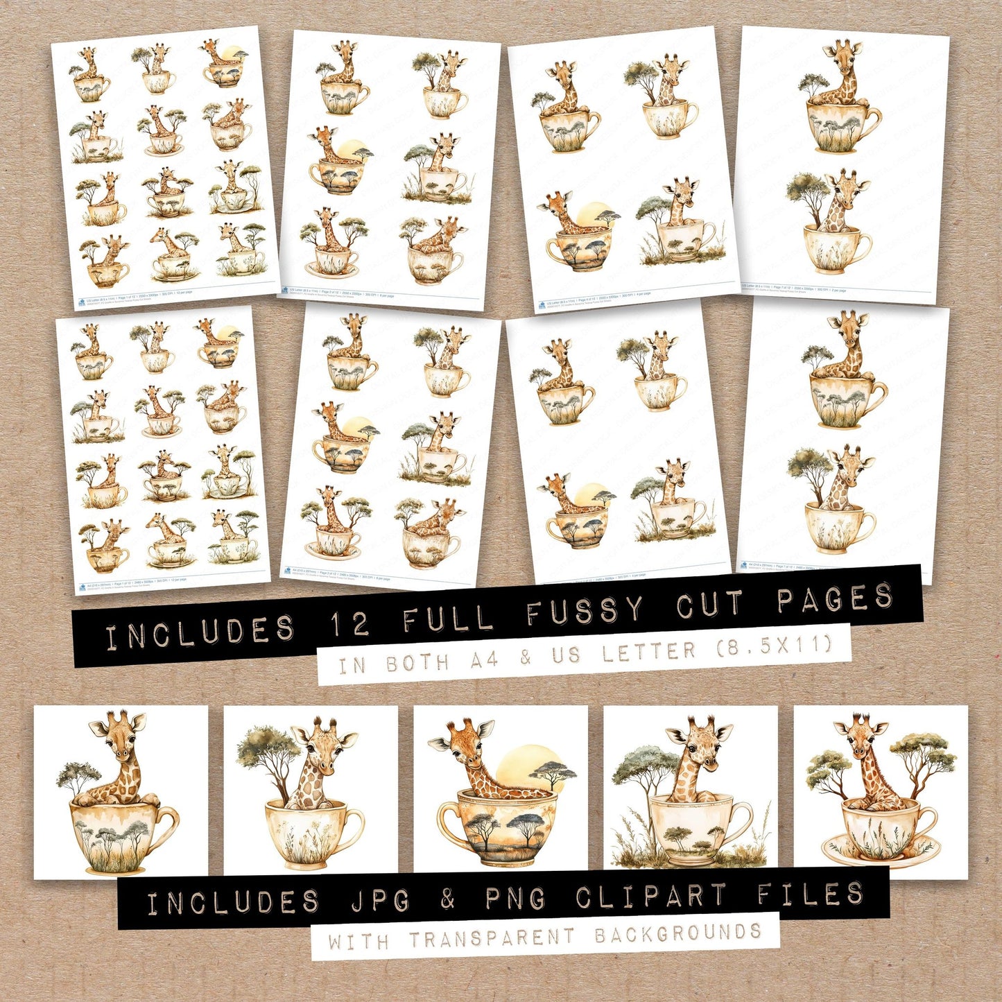 Full collection view of Giraffe in Savanna Teacup fussy cut sheets with bonus clipart JPG and PNG files