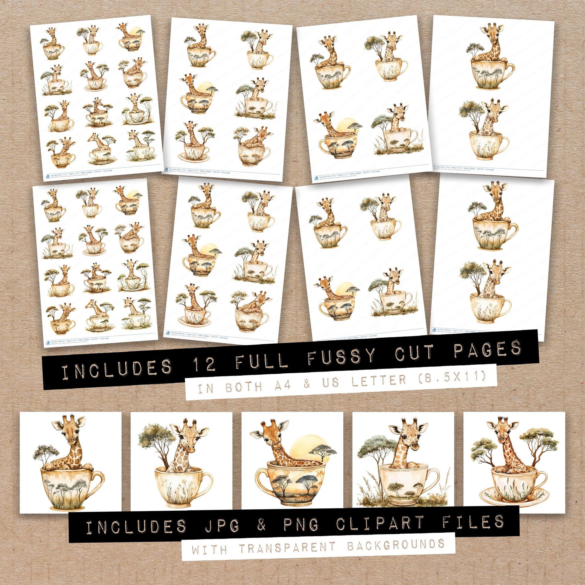 Full collection view of Giraffe in Savanna Teacup fussy cut sheets with bonus clipart JPG and PNG files