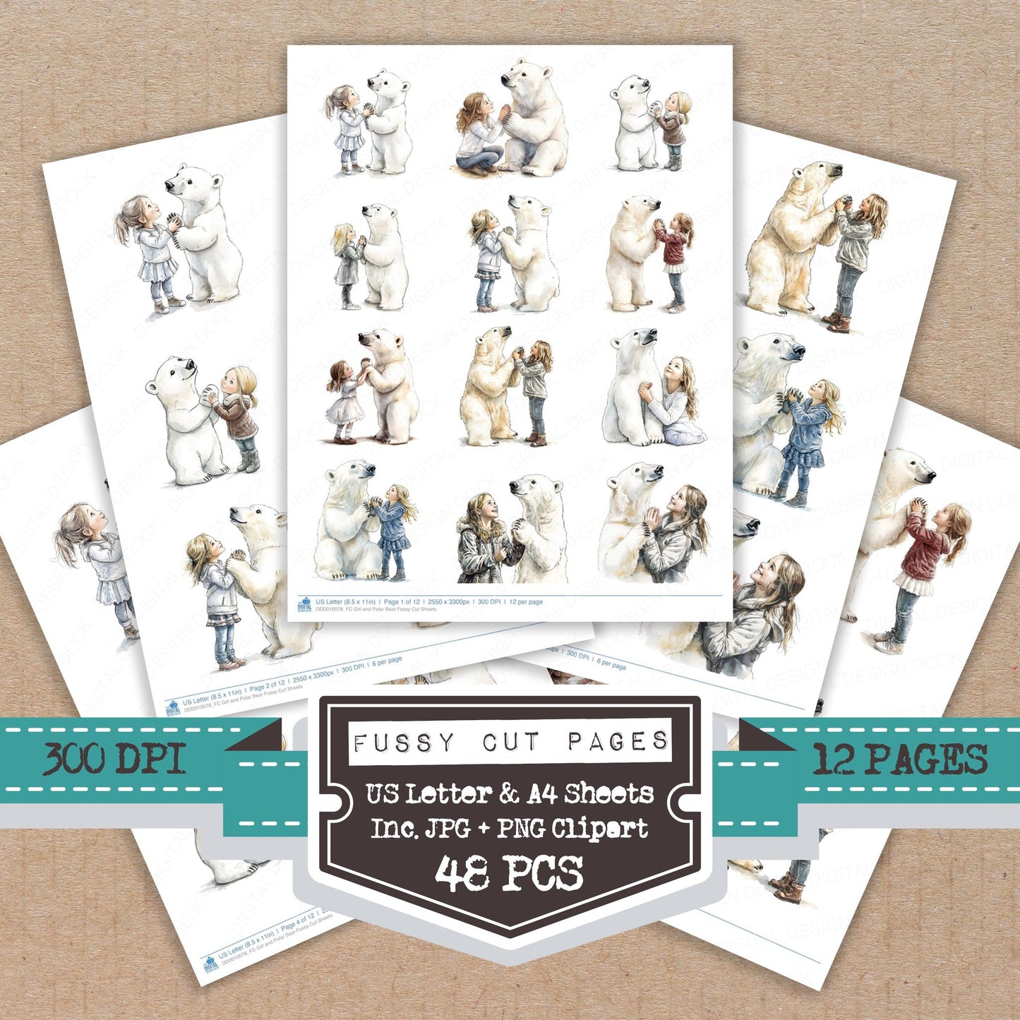 Girl and Polar Bear fussy cut printable sheets for junk journaling, scrapbooking, and paper craft projects