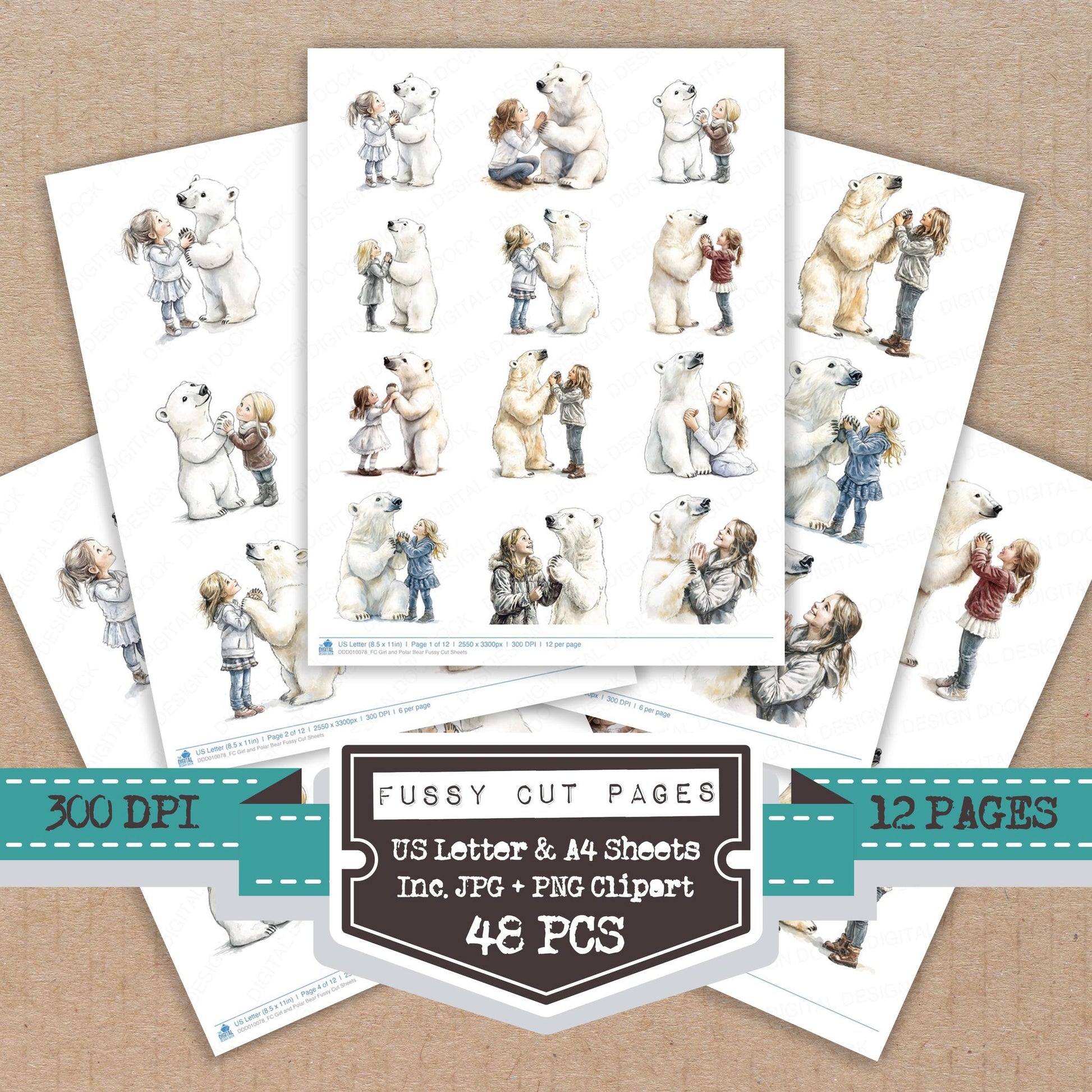 Girl and Polar Bear fussy cut printable sheets for junk journaling, scrapbooking, and paper craft projects
