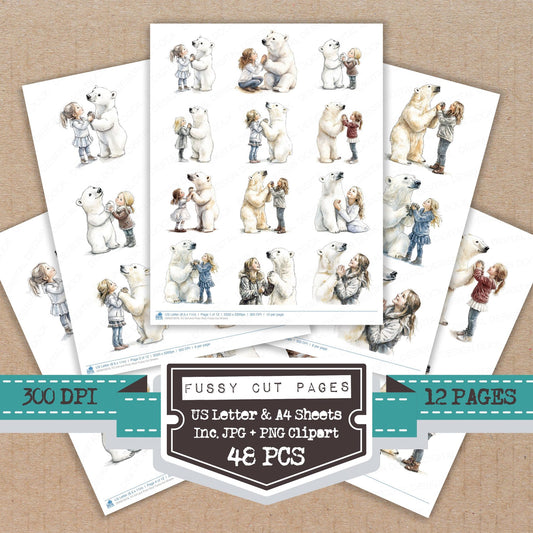 Girl and Polar Bear fussy cut printable sheets for junk journaling, scrapbooking, and paper craft projects