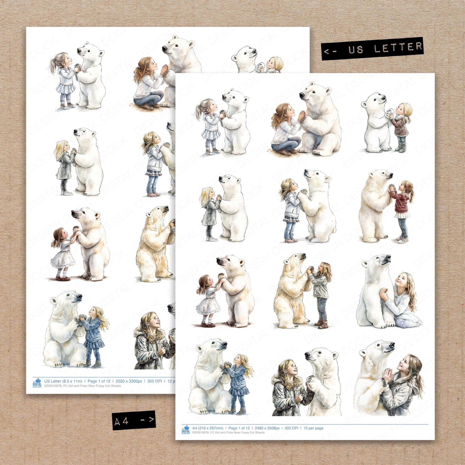 A4 and US Letter format comparison showing Girl and Polar Bear fussy cut pages for print and cut crafting