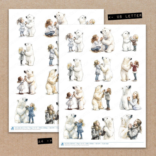 A4 and US Letter format comparison showing Girl and Polar Bear fussy cut pages for print and cut crafting