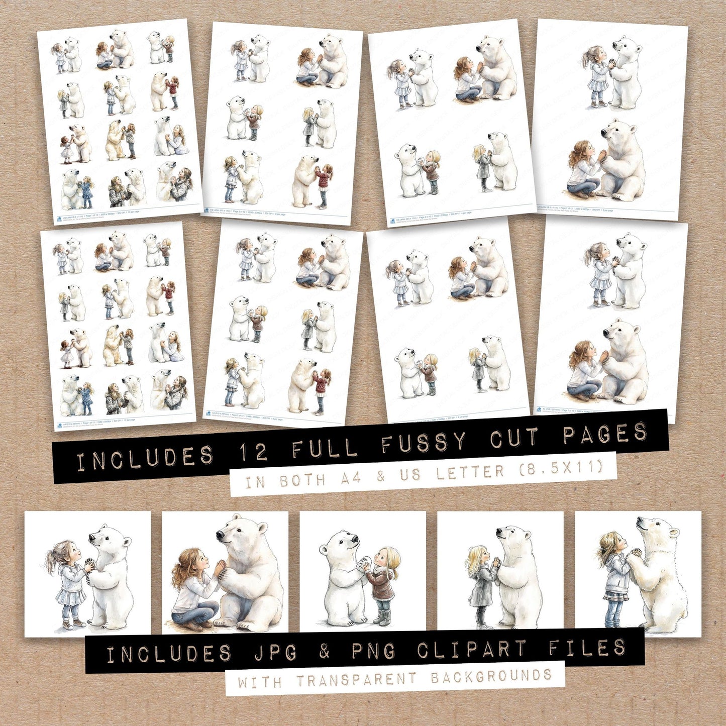 Full collection view of Girl and Polar Bear fussy cut sheets with bonus clipart JPG and PNG files