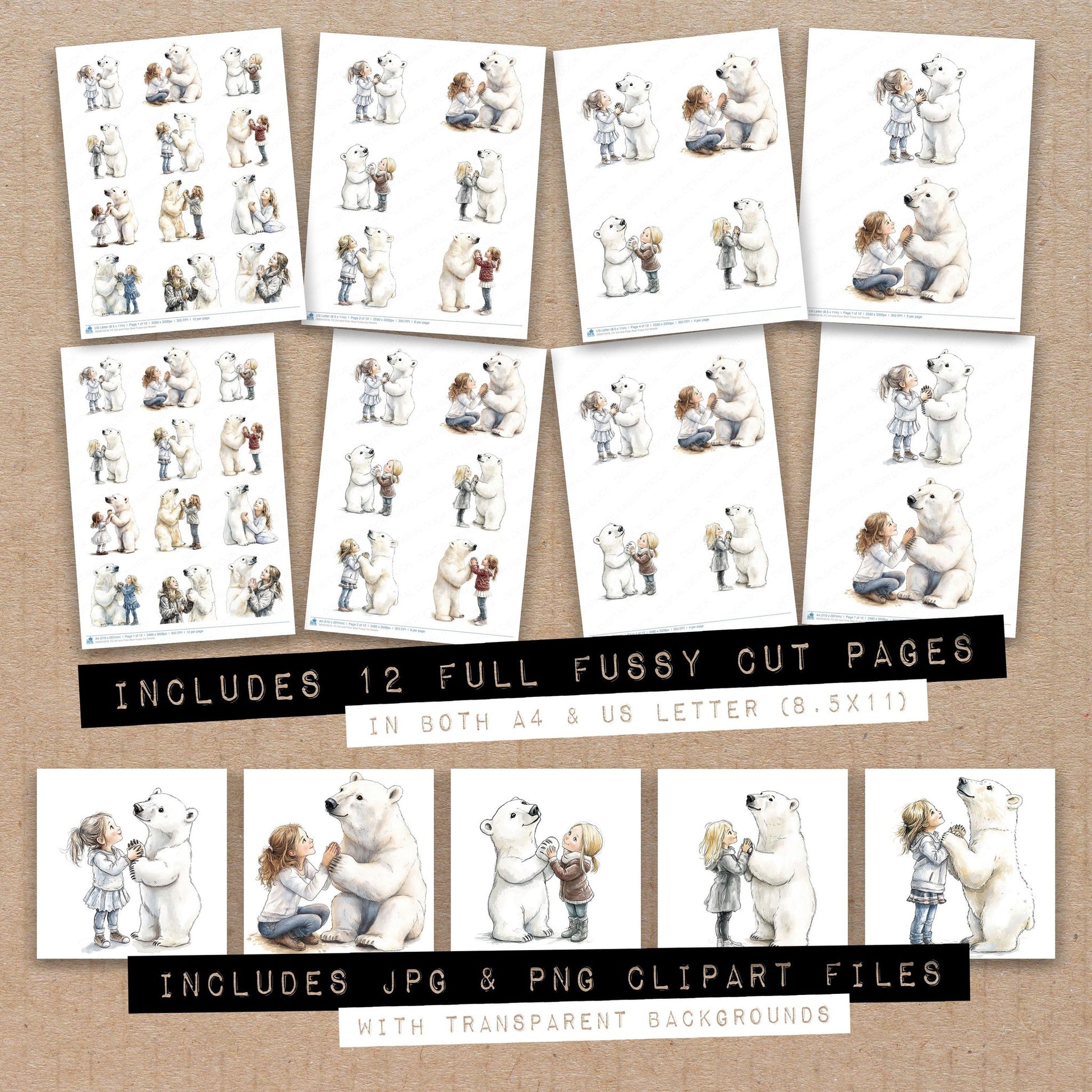 Full collection view of Girl and Polar Bear fussy cut sheets with bonus clipart JPG and PNG files