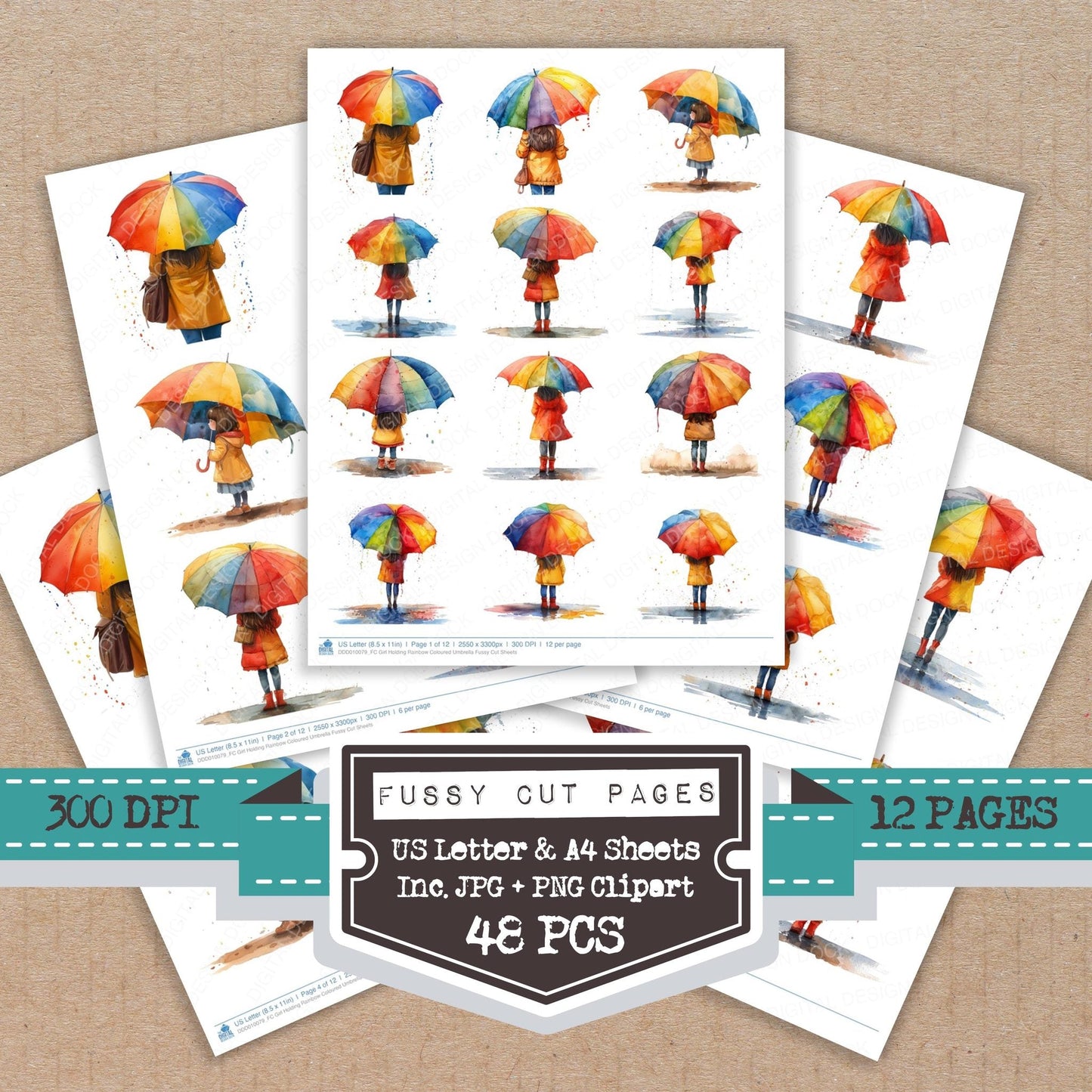 Girl Holding Rainbow Coloured Umbrella Fussy Cut Sheets (DDD010079)