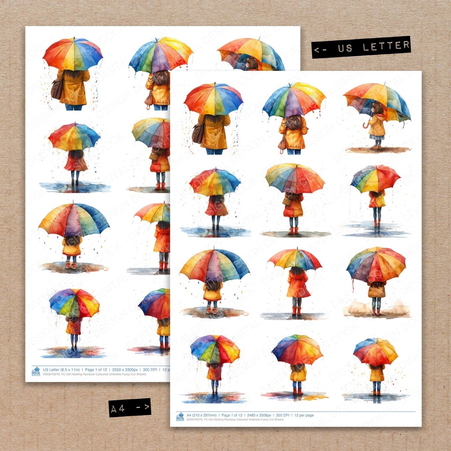 Girl Holding Rainbow Coloured Umbrella Fussy Cut Sheets (DDD010079)