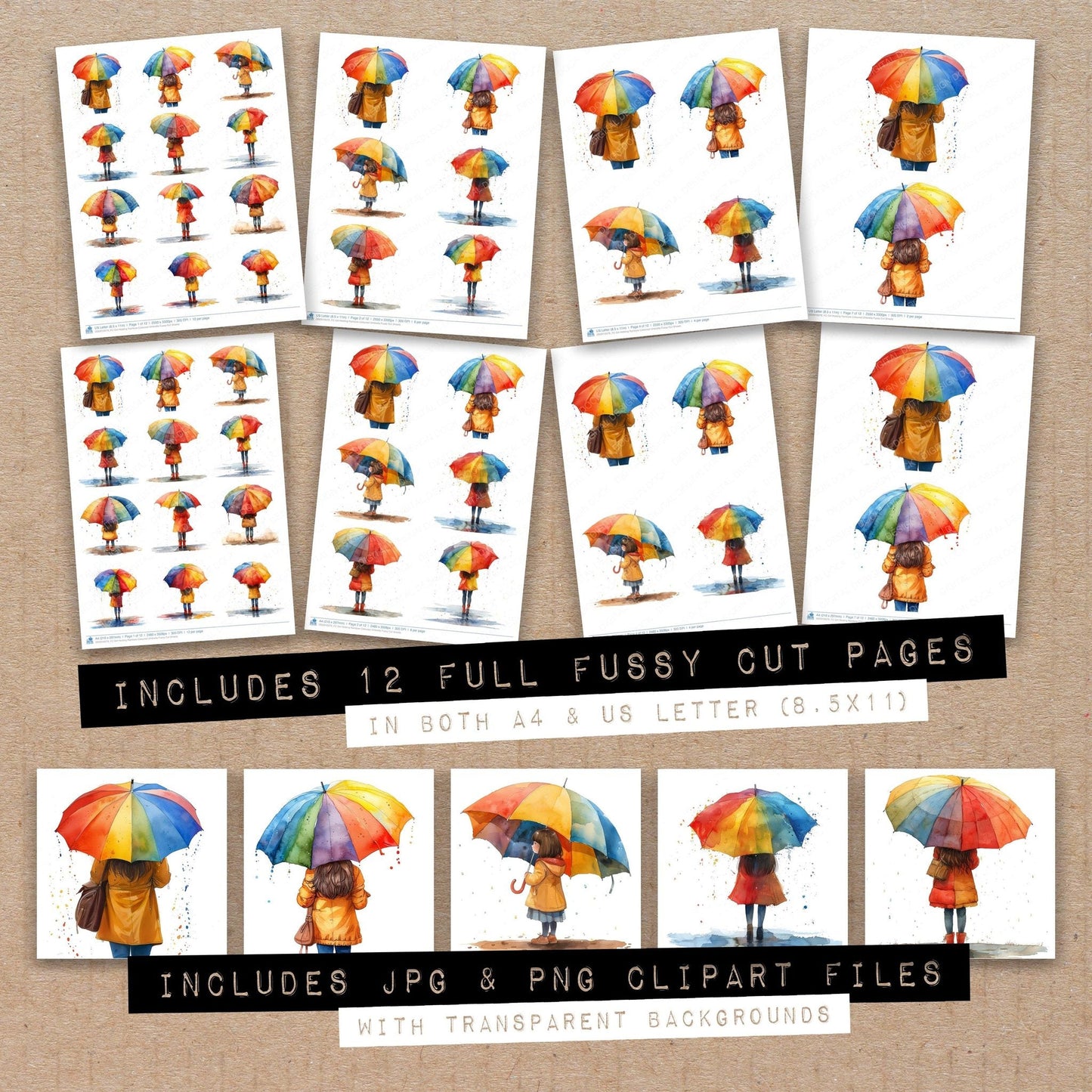 Girl Holding Rainbow Coloured Umbrella Fussy Cut Sheets (DDD010079)